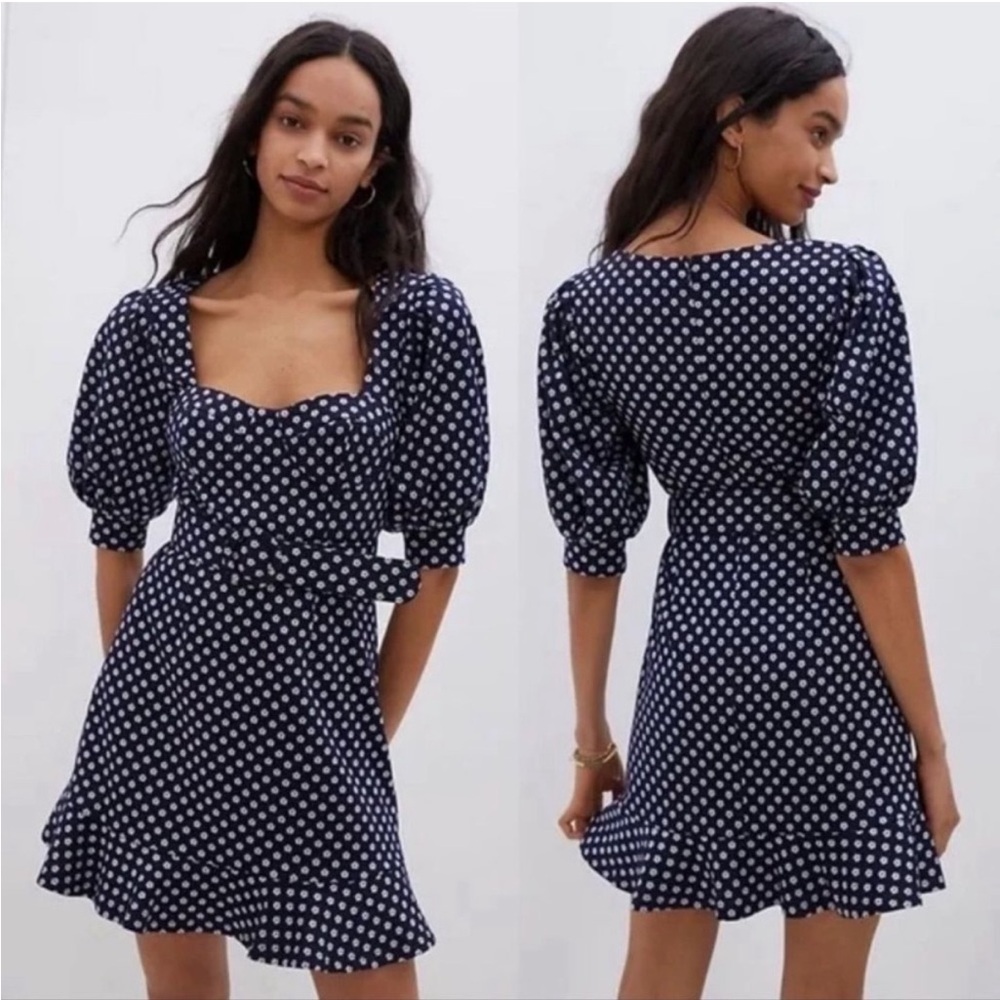 Anthropologie Hutch Navy Blue White flower Polka Dot Mini Dress size 0